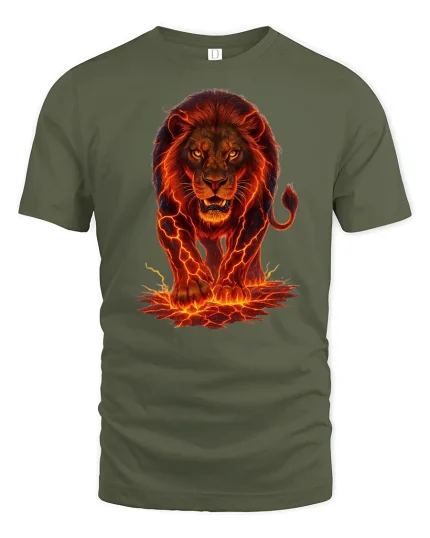 Fierce Lava Lion Graphic T-Shirt - military green t-shirt on white background