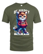 Be Happy Cool Cat Tee - military green t-shirt on white background