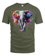 Vibrant Elephant Splash Art Tee - military green t-shirt on white background