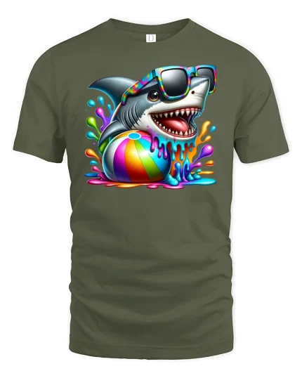 Summer Beach Shark T-Shirt - military green t-shirt on white background