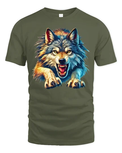 Fierce Wolf Attack T-Shirt - military green t-shirt on white background