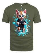 Gamer Cat Graphic T-Shirt - military green t-shirt on white background