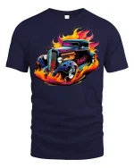 Hot Rod Flame Classic Car T-Shirt - navy t-shirt on white background