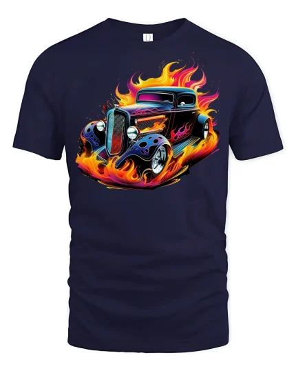 Hot Rod Flame Classic Car T-Shirt - navy t-shirt on white background