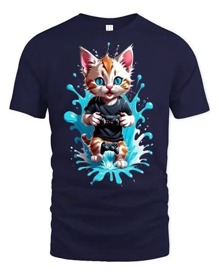 Gamer Cat Graphic T-Shirt - navy t-shirt on white background