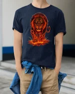 Fierce Lava Lion Graphic T-Shirt - model wearing Navy T-shirt, hands in pockets, denim shirt at waist
