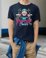 Paper Chaser Bear Hip Hop Tee - model wearing Navy T-shirt, hands in pockets, denim shirt at waist