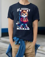 Be Happy Cool Cat Tee - model wearing Navy T-shirt, hands in pockets, denim shirt at waist