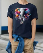 Vibrant Elephant Splash Art Tee - model wearing Navy T-shirt, hands in pockets, denim shirt at waist
