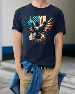 Patriotic Bald Eagle American Flag Tee - model wearing Navy T-shirt, hands in pockets, denim shirt at waist