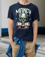 Zombie Money Graphic Tee - model wearing Navy T-shirt, hands in pockets, denim shirt at waist