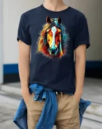 Wild Spirit Horse Graphic Tee - model wearing Navy T-shirt, hands in pockets, denim shirt at waist
