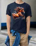 Wild Mustang Spirit Horse T-Shirt - model wearing Navy T-shirt, hands in pockets, denim shirt at waist