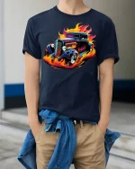 Hot Rod Flame Classic Car T-Shirt - model wearing Navy T-shirt, hands in pockets, denim shirt at waist