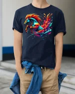 Rainbow Horse Power Splash T-Shirt - model wearing Navy T-shirt, hands in pockets, denim shirt at waist