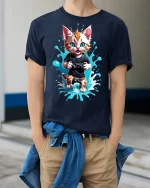 Gamer Cat Graphic T-Shirt - model wearing Navy T-shirt, hands in pockets, denim shirt at waist