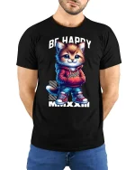 Be Happy Cool Cat Tee - model with hands behind back, wearing Black T-shirt and blue jeans