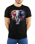 Vibrant Elephant Splash Art Tee - model with hands behind back, wearing Black T-shirt and blue jeans