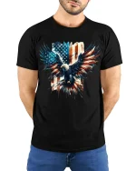 Patriotic Bald Eagle American Flag Tee - model with hands behind back, wearing Black T-shirt and blue jeans