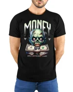 Zombie Money Graphic Tee - model with hands behind back, wearing Black T-shirt and blue jeans
