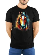 Wild Spirit Horse Graphic Tee - model with hands behind back, wearing Black T-shirt and blue jeans
