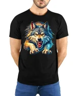 Fierce Wolf Attack T-Shirt - model with hands behind back, wearing Black T-shirt and blue jeans