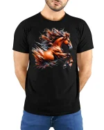 Wild Mustang Spirit Horse T-Shirt - model with hands behind back, wearing Black T-shirt and blue jeans
