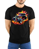 Hot Rod Flame Classic Car T-Shirt - model with hands behind back, wearing Black T-shirt and blue jeans