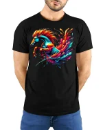 Rainbow Horse Power Splash T-Shirt - model with hands behind back, wearing Black T-shirt and blue jeans