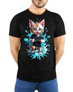 Gamer Cat Graphic T-Shirt - model with hands behind back, wearing Black T-shirt and blue jeans