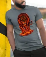 Fierce Lava Lion Graphic T-Shirt - model leaning on yellow-black pole, wearing Gray T-shirt, hand in pocket