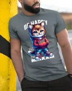 Be Happy Cool Cat Tee - model leaning on yellow-black pole, wearing Gray T-shirt, hand in pocket