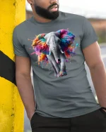 Vibrant Elephant Splash Art Tee - model leaning on yellow-black pole, wearing Gray T-shirt, hand in pocket