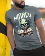 Zombie Money Graphic Tee - model leaning on yellow-black pole, wearing Gray T-shirt, hand in pocket