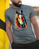 Wild Spirit Horse Graphic Tee - model leaning on yellow-black pole, wearing Gray T-shirt, hand in pocket