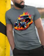 Hot Rod Flame Classic Car T-Shirt - model leaning on yellow-black pole, wearing Gray T-shirt, hand in pocket