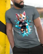 Gamer Cat Graphic T-Shirt - model leaning on yellow-black pole, wearing Gray T-shirt, hand in pocket