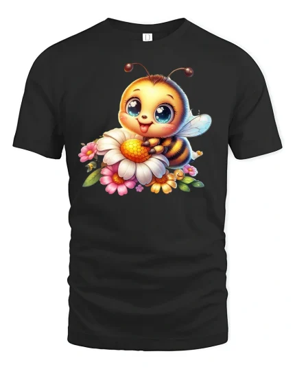 Cute Bee On Flowers Tee - Adorable Nature Lover T-Shirt - black t-shirt on white background