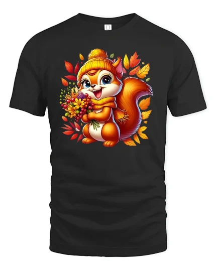 Cute Autumn Squirrel Tee - Fall Forest Animal T-Shirt - black t-shirt on white background