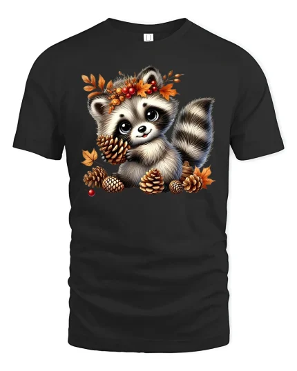 Cute Fall Raccoon Tee - Autumn Leaves Woodland T-Shirt - black t-shirt on white background