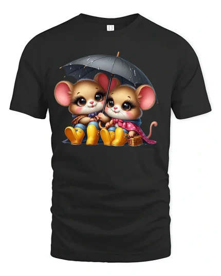 Cute Rainy Day Mice Tee - Adorable Umbrella T-Shirt - black t-shirt on white background