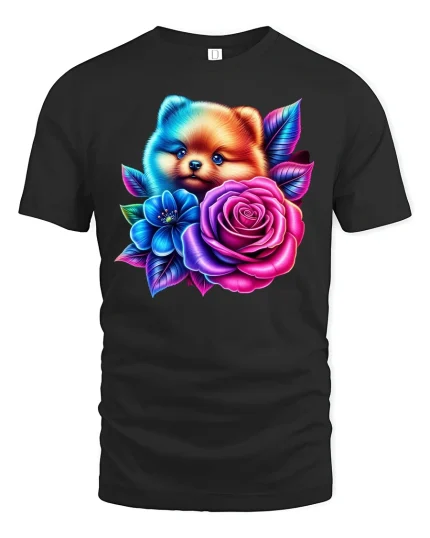 Cute Puppy With Roses Tee - Vibrant Floral Dog T-Shirt - black t-shirt on white background