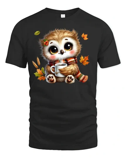 Cozy Autumn Owl Tee - Cute Coffee Lover Fall T-Shirt - black t-shirt on white background