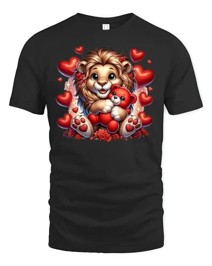 Cute Lion Love Tee - Adorable Valentine Teddy Bear T-Shirt - black t-shirt on white background