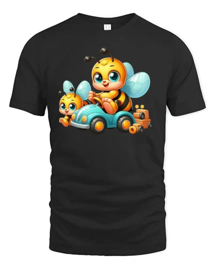 Busy Bee Ride Tee - Cute Cartoon Bee Car Lovers T-Shirt - black t-shirt on white background