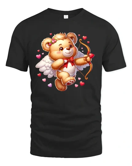 Cupid Teddy Bear Tee - Cute Valentine Love Arrow T-Shirt - black t-shirt on white background