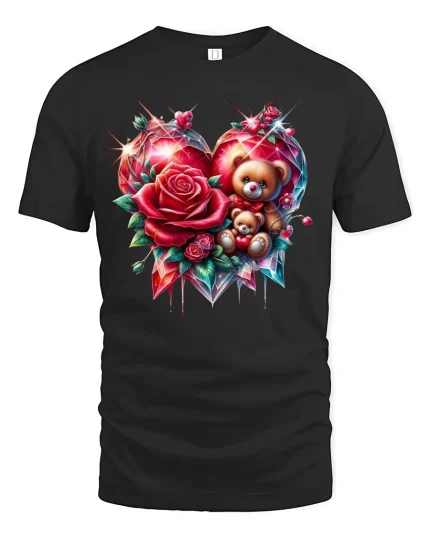 Romantic Rose Heart Teddy Tee - Cute Valentine T-Shirt - black t-shirt on white background