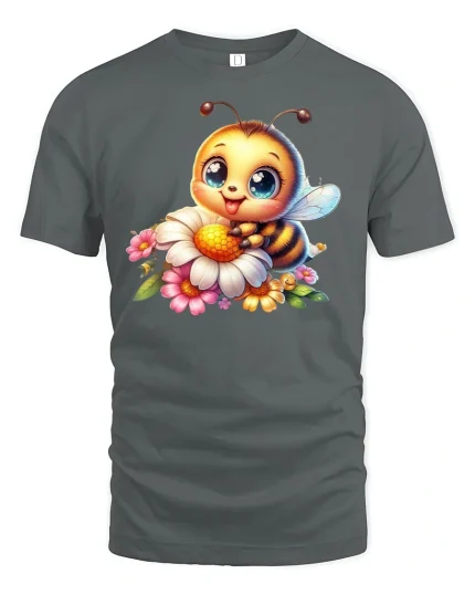 Cute Bee On Flowers Tee - Adorable Nature Lover T-Shirt - gray t-shirt on white background