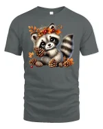 Cute Fall Raccoon Tee - Autumn Leaves Woodland T-Shirt - gray t-shirt on white background