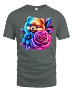 Cute Puppy With Roses Tee - Vibrant Floral Dog T-Shirt - gray t-shirt on white background